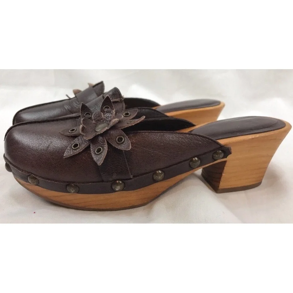 Zara Wood Sole Slide Mules 5.5-6 36 Sandals Brown Leather Shoes Flower Toe Spain - Picture 6 of 11